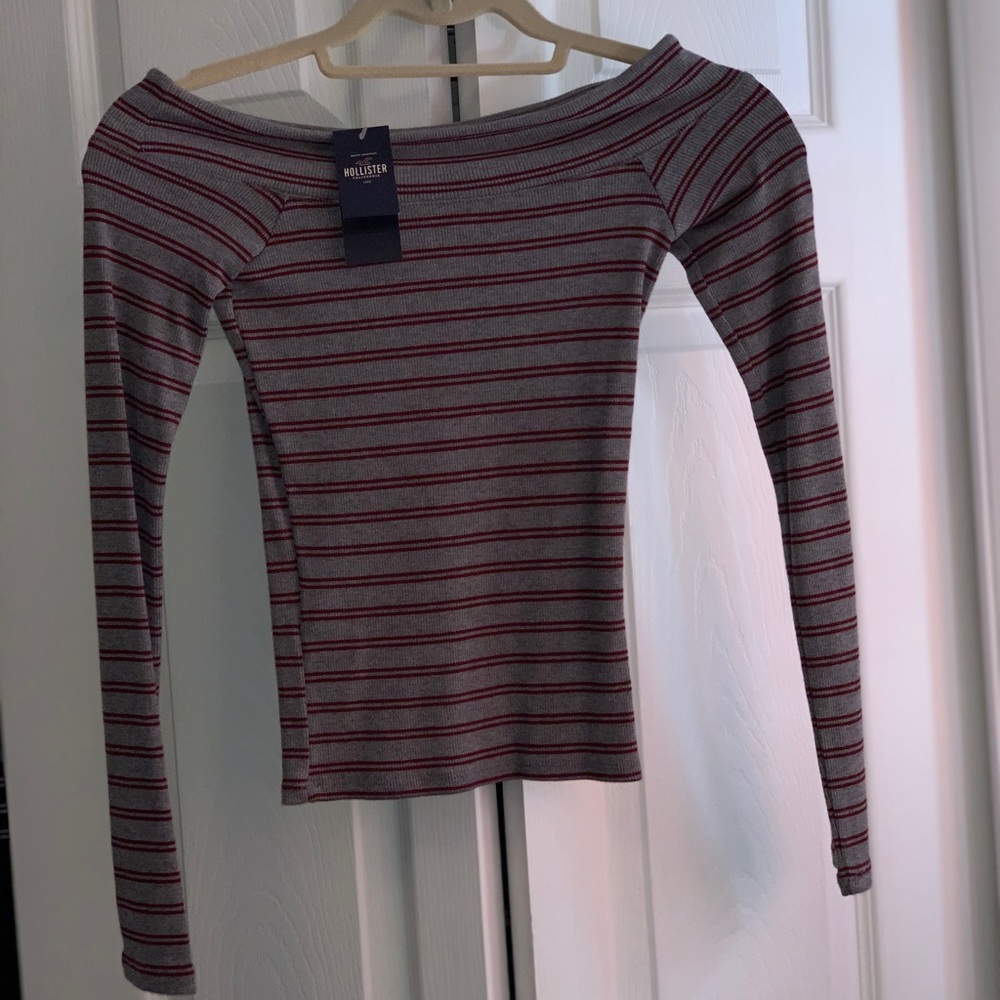 Hollister Gray/red stripe long sleeve offshoulder